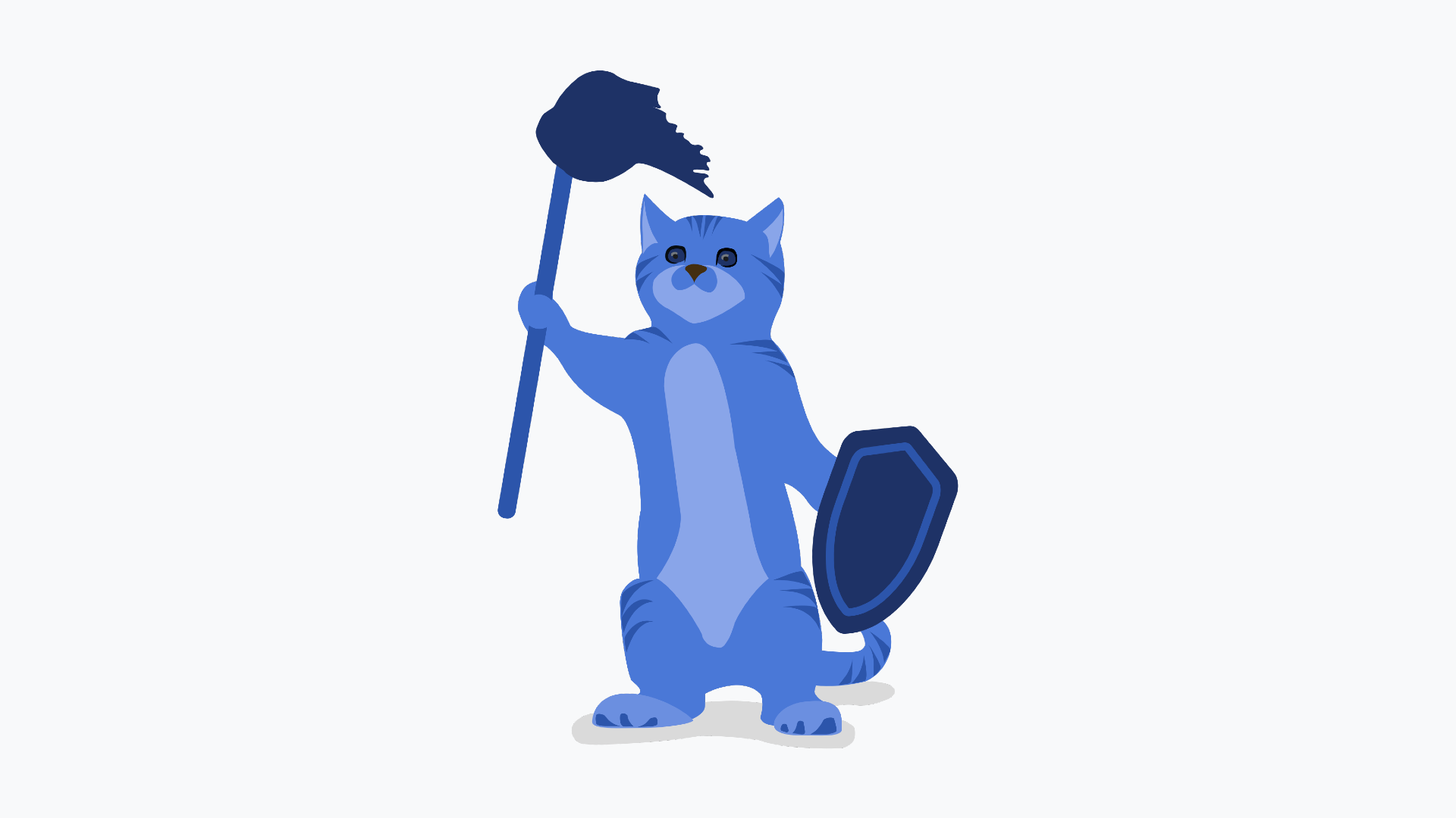 A cat with a mop and a shield.