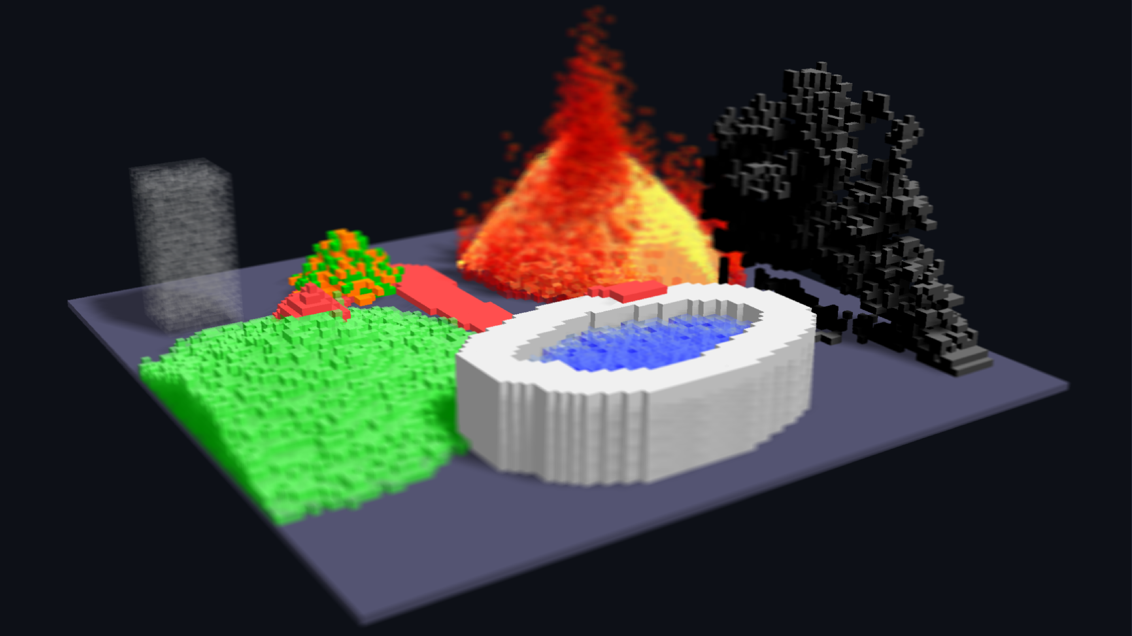 A screenshot of SandPond, with various element types present in the scene: sand, water, rock, lava, plants, carrots, glass...