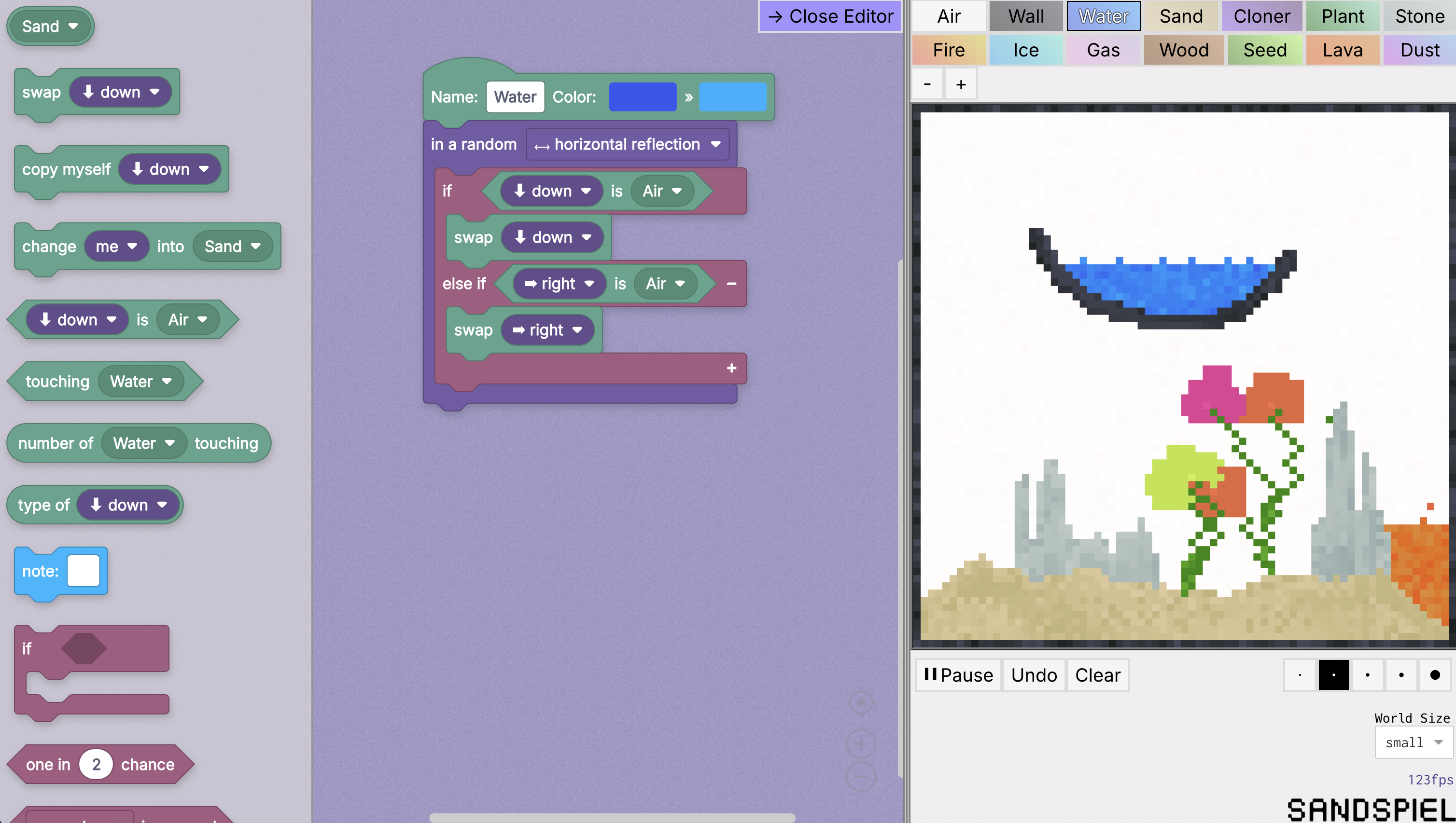 A screenshot of Sandspiel Studio, with various elements present in the scene: sand, water, rock, lava, plants, carrots, glass...